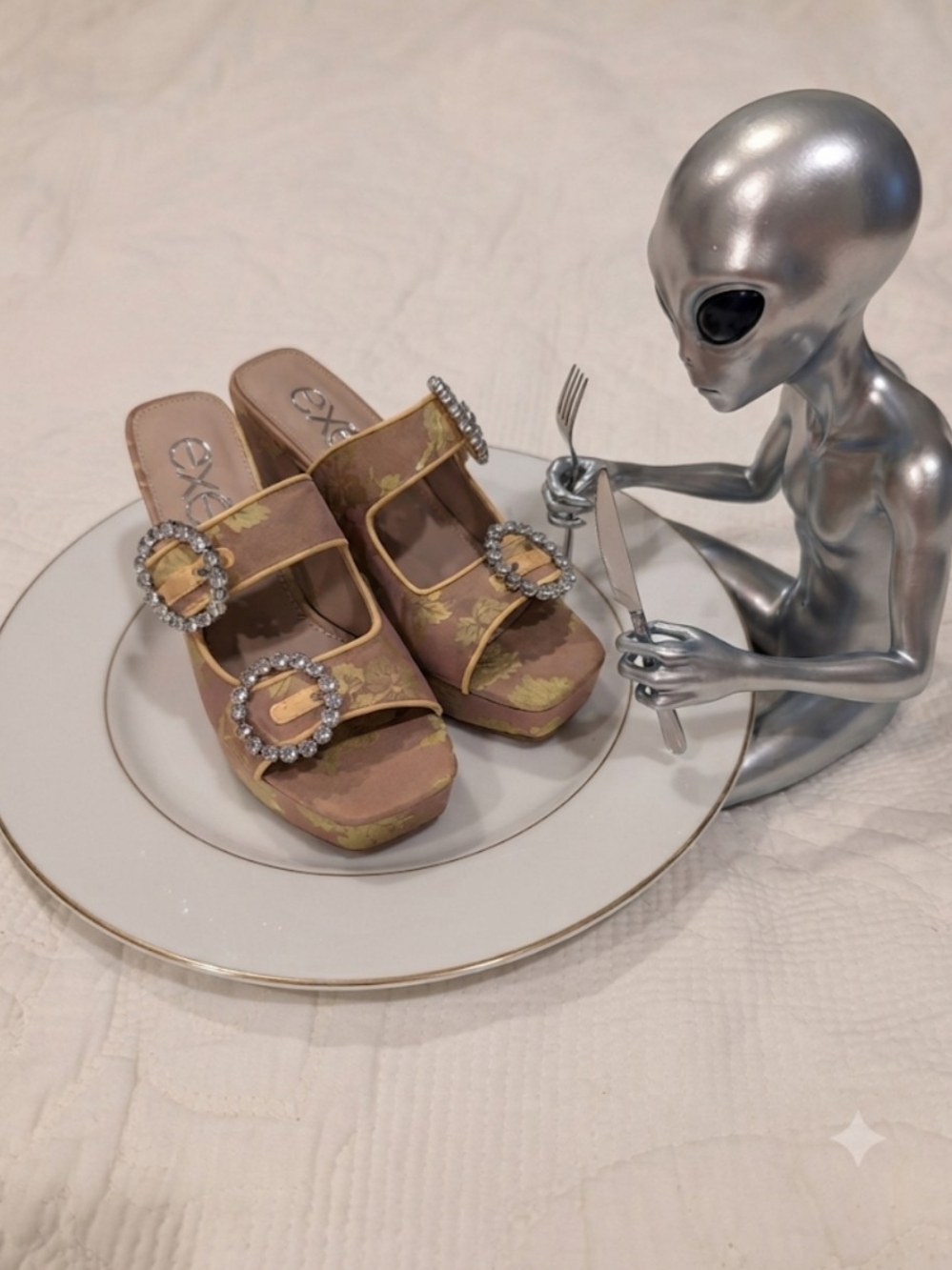 Brown And Yellow Satin Mules With Block Heels by Exe.